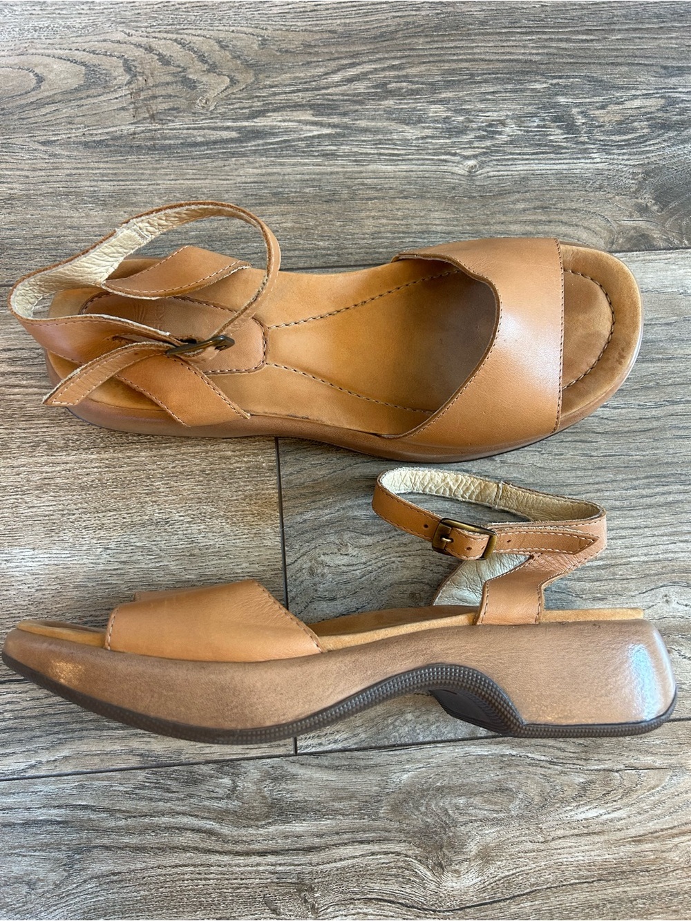 Dansko Cognac Leather Ankle Strap Wedge Sandals Clogs Neutral Minimalist 41
